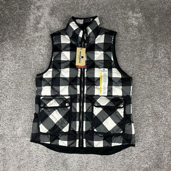 Woolrich Down Vest Womens Medium Regular Plaid Black White Full Zip Hiking - Picture 1 of 8